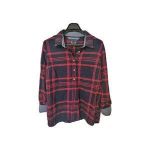 Tommy Hilfiger Plaid Flannel Shirt Roll Tab Sleeves Red/Navy  Pull Over Womens L